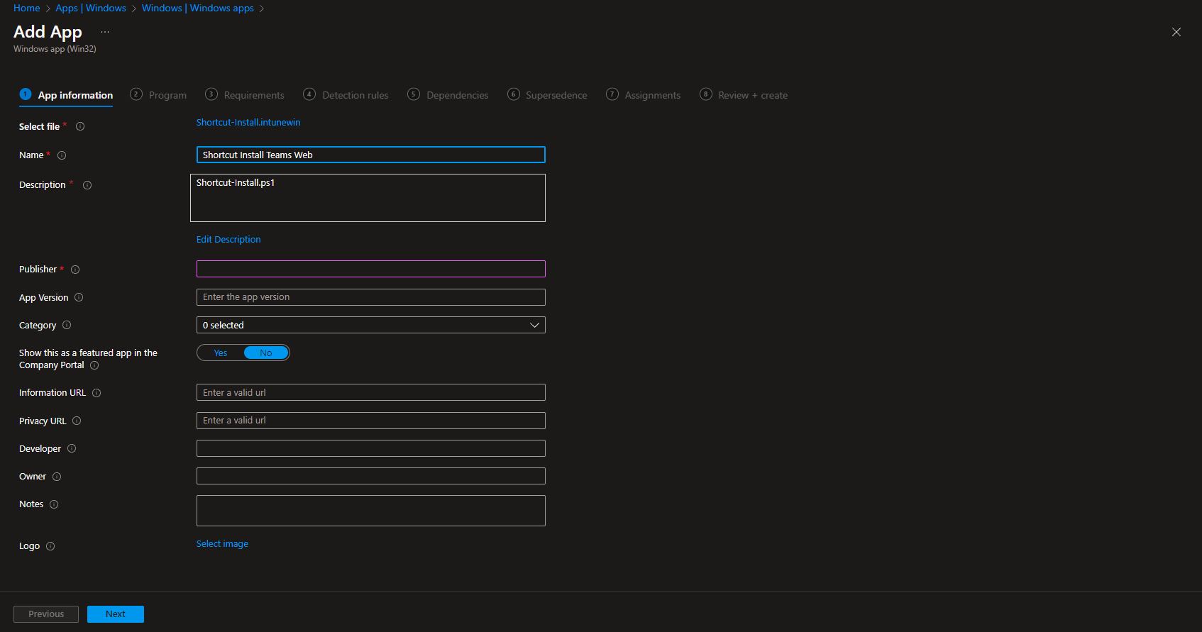 Uploading IntuneWin file in Intune